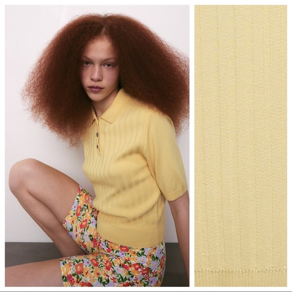 NWT. Zara Yellow Jewel Buttons Knit Polo Shirt. Size M. - Picture 4 of 11
